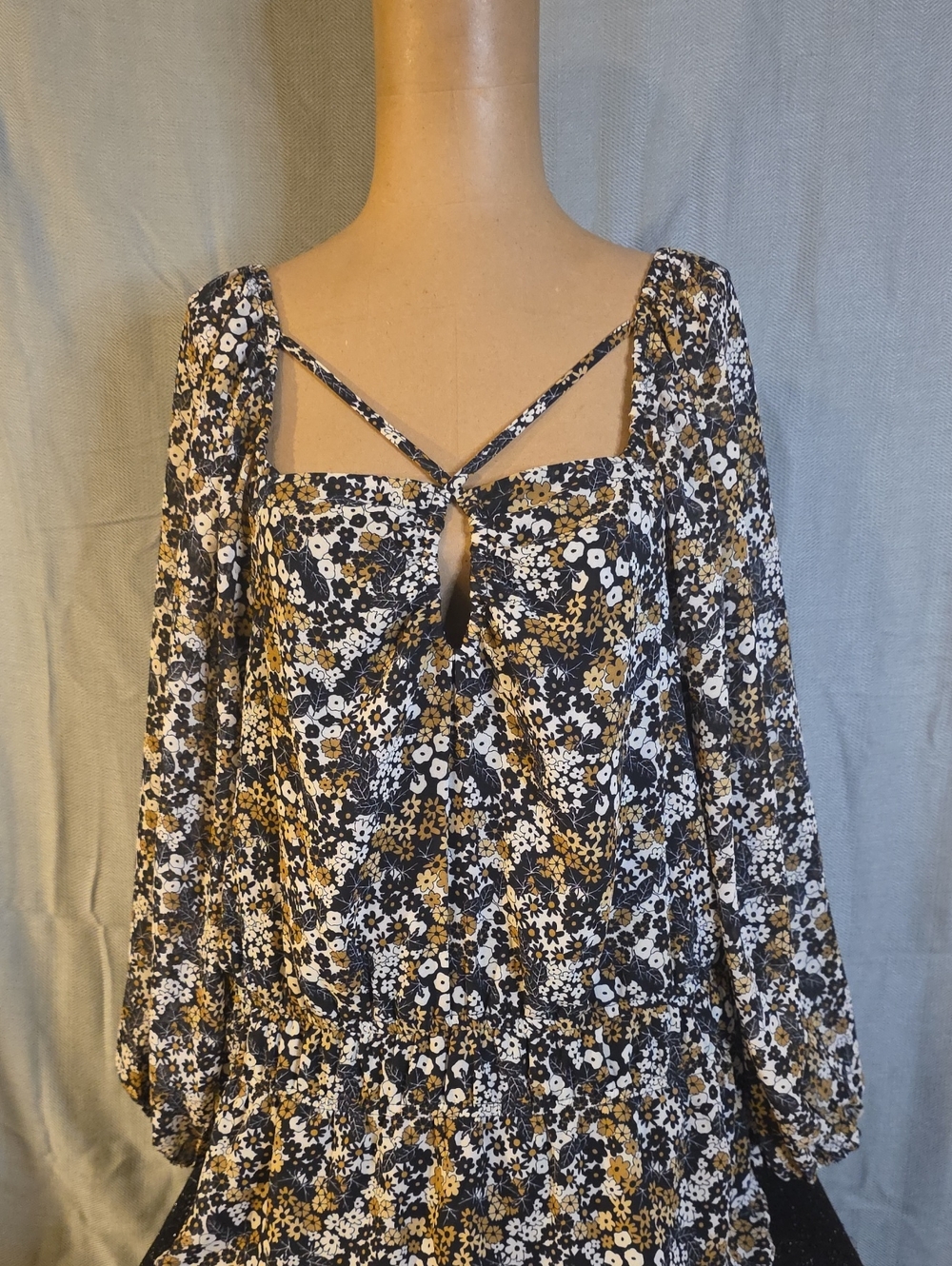 Cato Floral Tie-Front Tunic — Black, White & Mustard